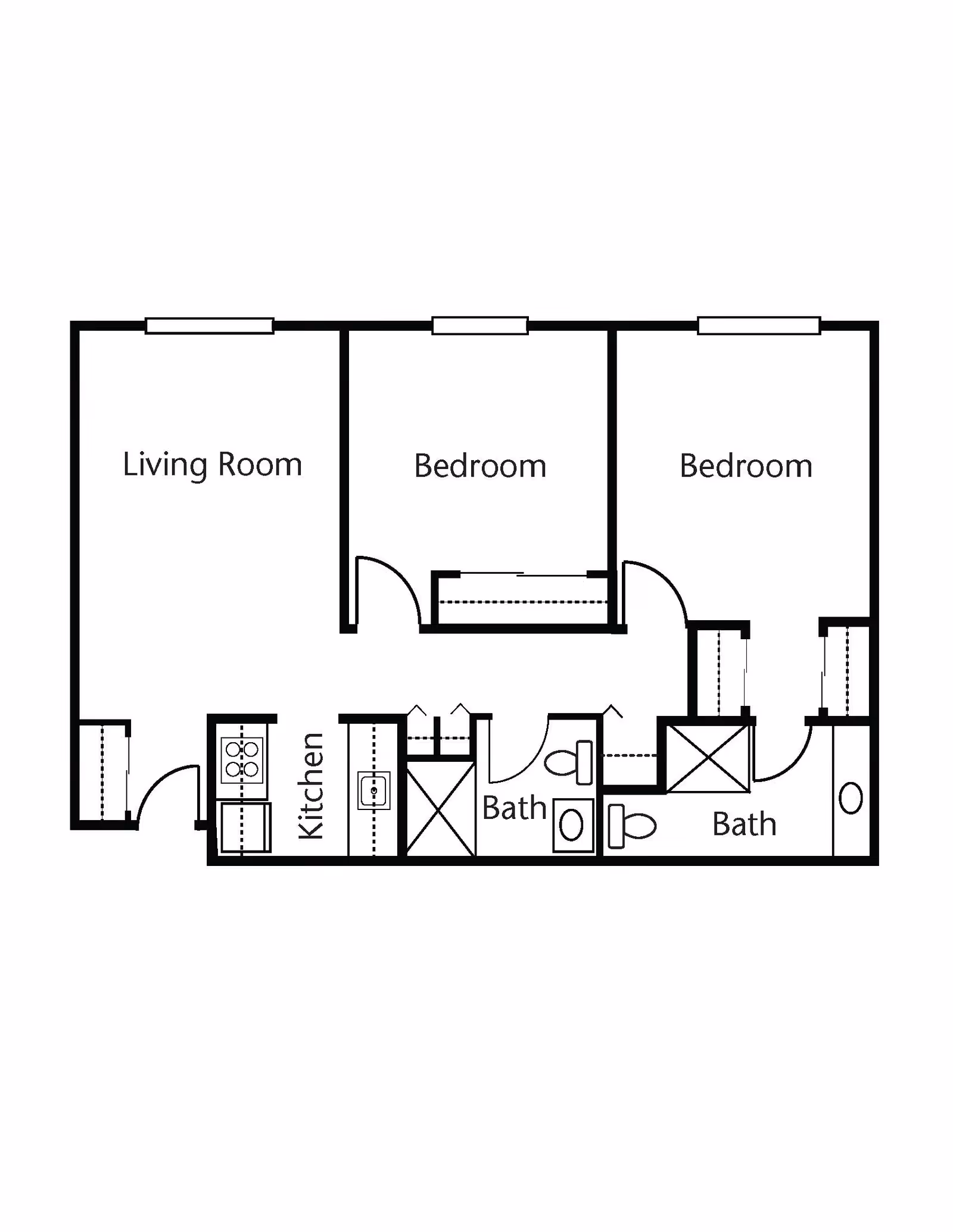 Architectural floor plan showing a layout with a living room, kitchen, two bedrooms, and two bathrooms.