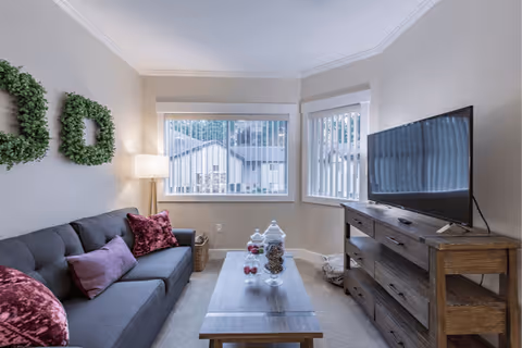 A cozy living room with a dark gray sofa adorned with purple and pink pillows, a wooden coffee table with decorative glass jars, a wooden TV stand with a flat-screen TV, and two windows with vertical blinds letting in natural light. There is a floor lamp beside the sofa and green wreath decorations on the wall.