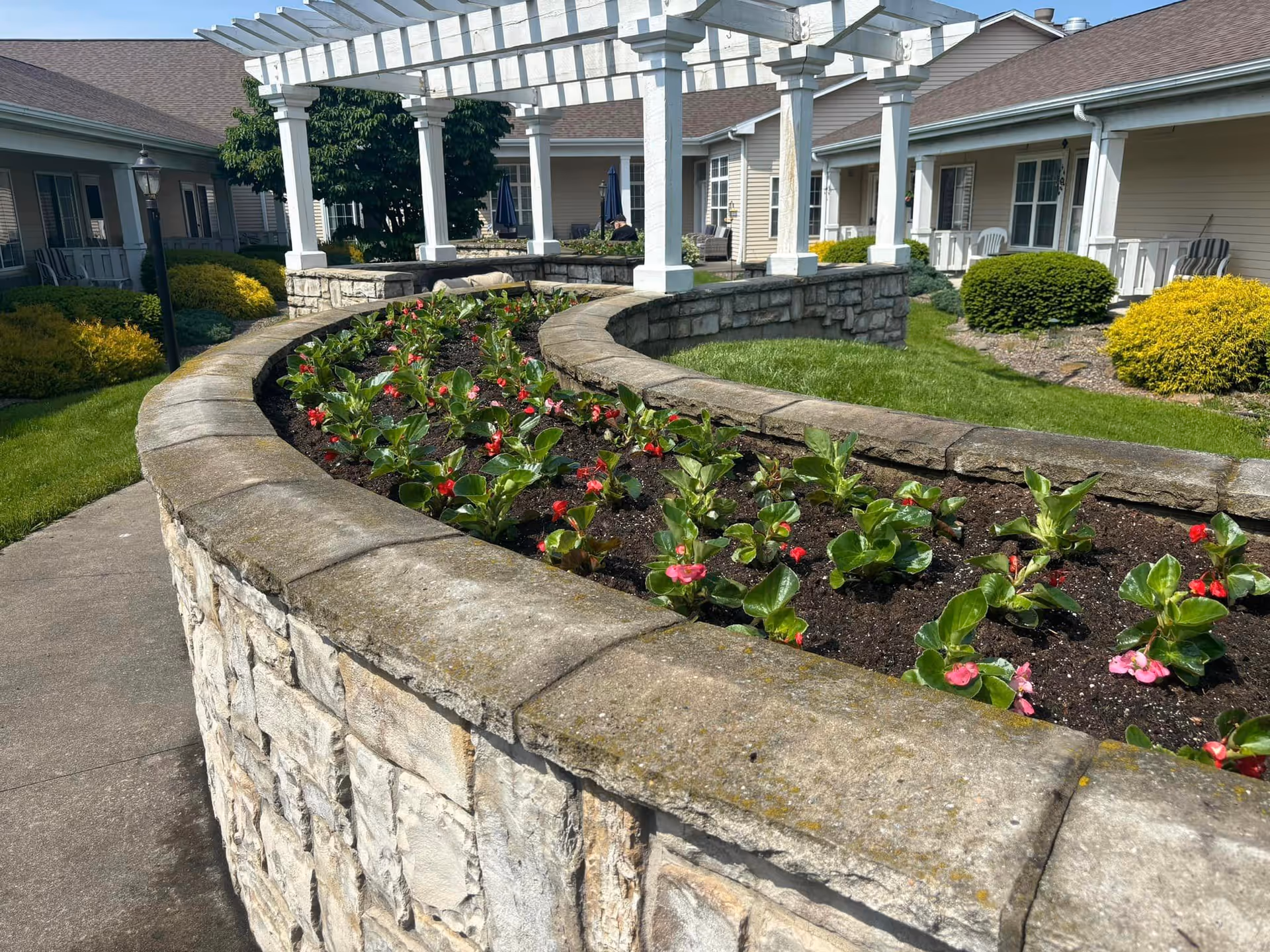 Outdoor garden area at Crimson Ridge Meadows senior living community featuring a curved stone planter filled with small green plants and red flowers, a white pergola structure, and beige residential buildings with porches and bushes in the background.