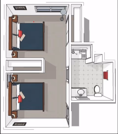 Top-down floor plan of a room with two beds, each with a nightstand and lamp, and an adjacent bathroom featuring a sink, toilet, and shower area.