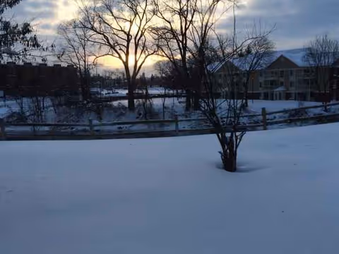 Snow-covered landscape with bare trees and Milton Home building in the distance at sunset.