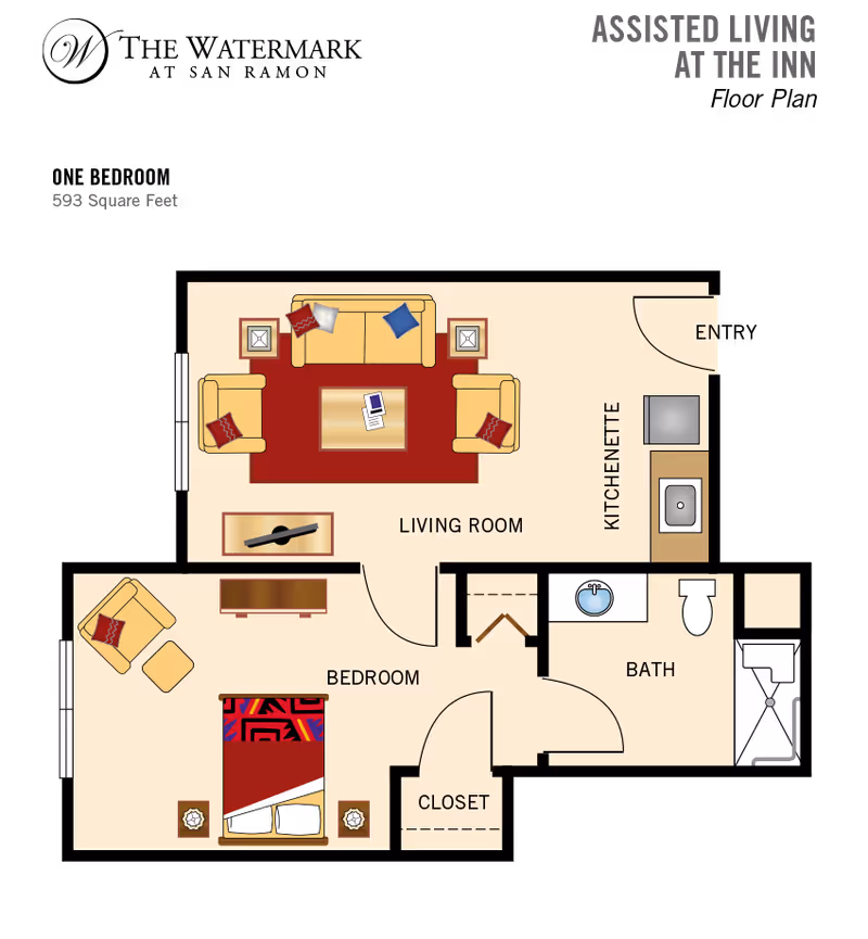 Illustrated floor plan of a one-bedroom assisted living apartment showing a living room, kitchenette, bedroom, bathroom and closet.