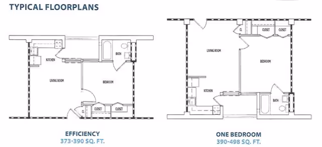 Black and white architectural floor plans showing two typical apartment layouts at Chippington Towers II. The left plan is labeled Efficiency with 373-390 square feet, featuring a kitchen, living room, bedroom, bath, and closets. The right plan is labeled One Bedroom with 390-498 square feet, featuring a kitchen, living room, bedroom with two closets, and a bath.
