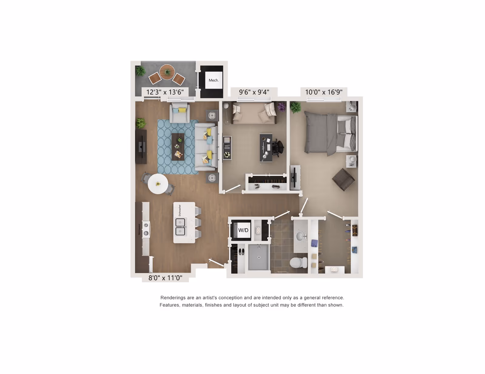3D floor plan of a one-bedroom apartment featuring a living room with sofa, armchair, coffee table, TV, and dining table; an open kitchen with island and dishwasher; a bedroom with bed, nightstands, and chair; a bathroom with sink, toilet, and shower; a walk-in closet; a small office area with desk and chair; a balcony with table and two chairs; and a mechanical room.