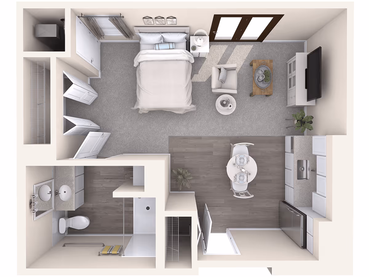 Top-down view of a one-bedroom apartment floor plan featuring a bedroom with a bed, nightstand, and closet; a living area with a chair, coffee table, TV, and cabinet; a dining area with a round table and two chairs; a kitchen with appliances and cabinets; and a bathroom with a toilet, double sink, and shower.