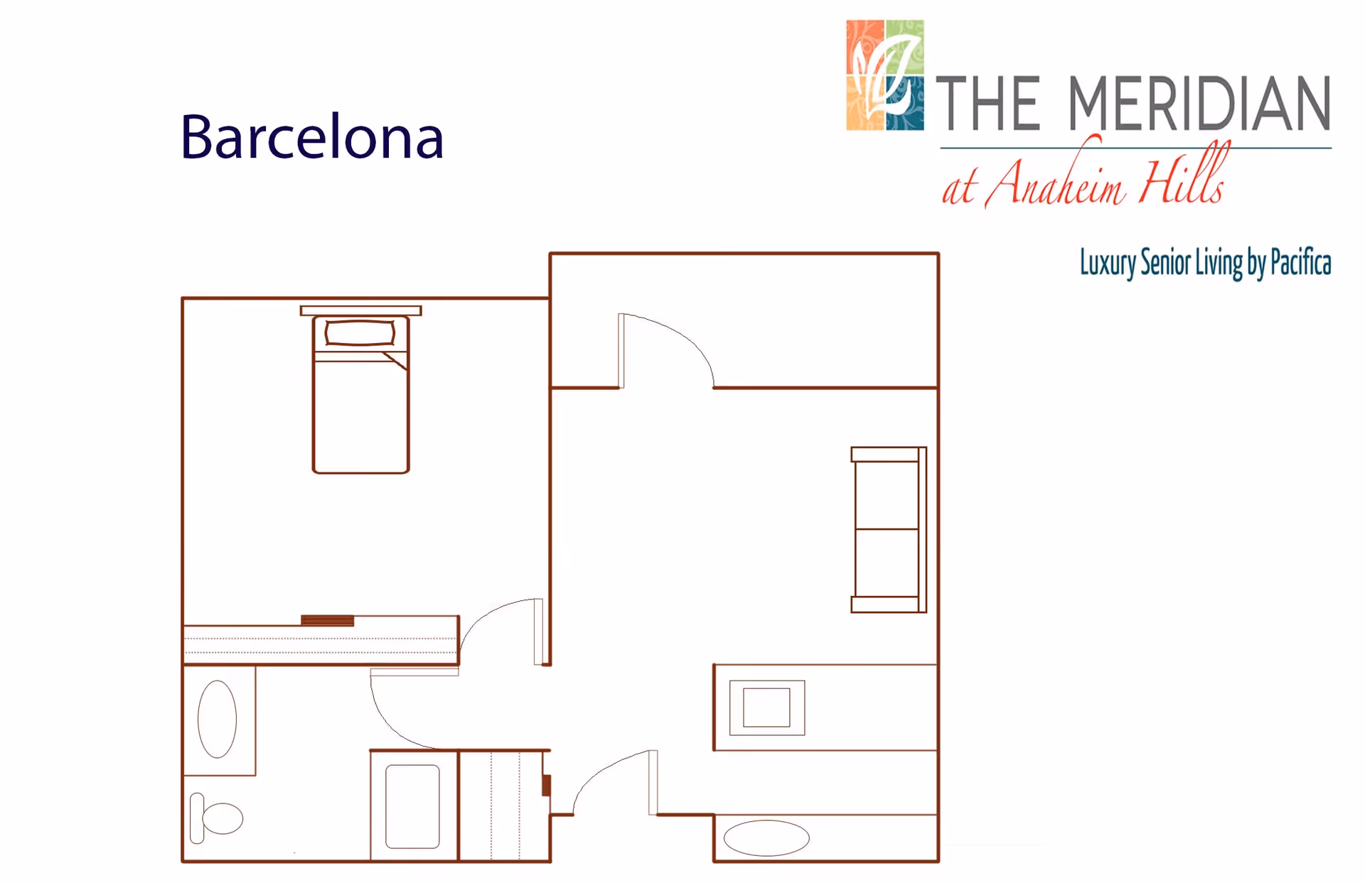 Floor plan layout named Barcelona showing a one-bedroom senior living unit with a bedroom, bathroom, and living area. The bedroom contains a bed, the bathroom includes a toilet and bathtub, and the living area has a sofa and a table. The plan is from The Meridian at Anaheim Hills, Luxury Senior Living by Pacifica.