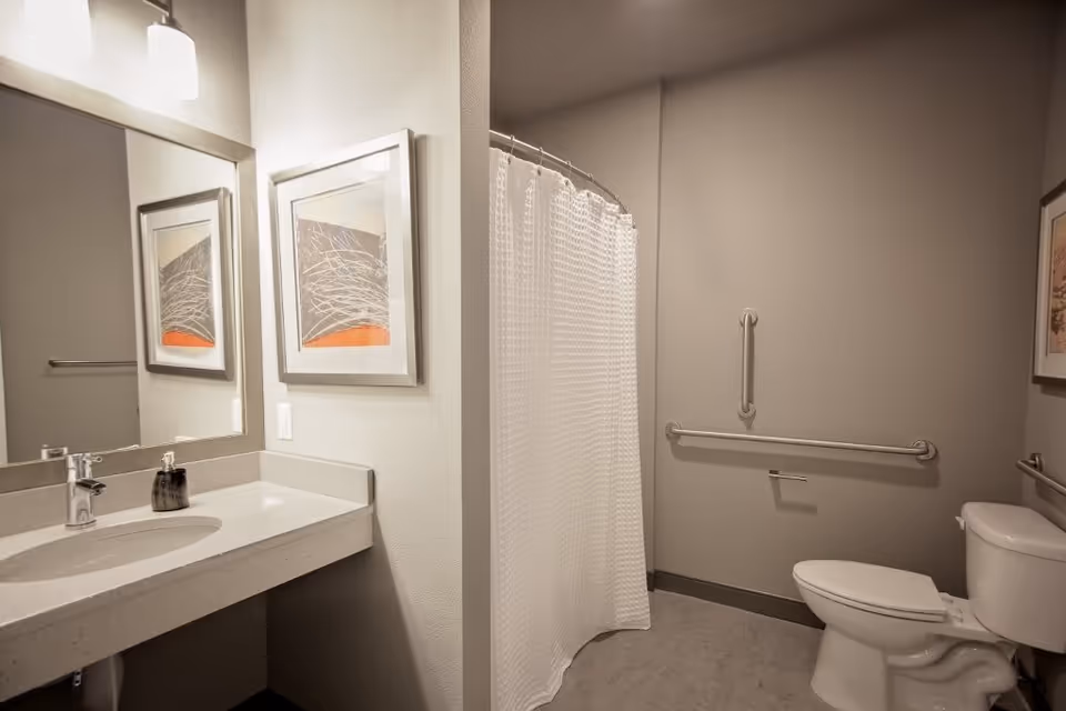 A modern bathroom featuring a shower with a curtain, a toilet, and a sink with a mirror above it. The walls are painted in a neutral tone, and there are framed artworks on the walls.