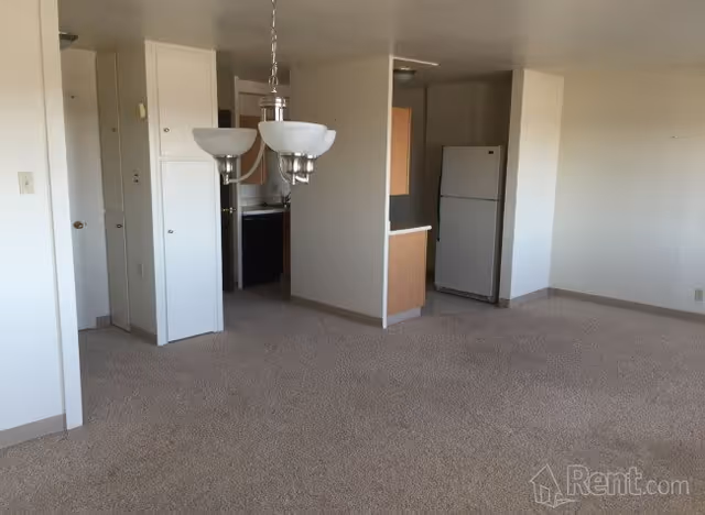 An empty apartment interior with beige carpet, white walls, and a small kitchen area featuring a refrigerator and wooden cabinets. A hanging light fixture is visible in the foreground, and there are several doors leading to other rooms.