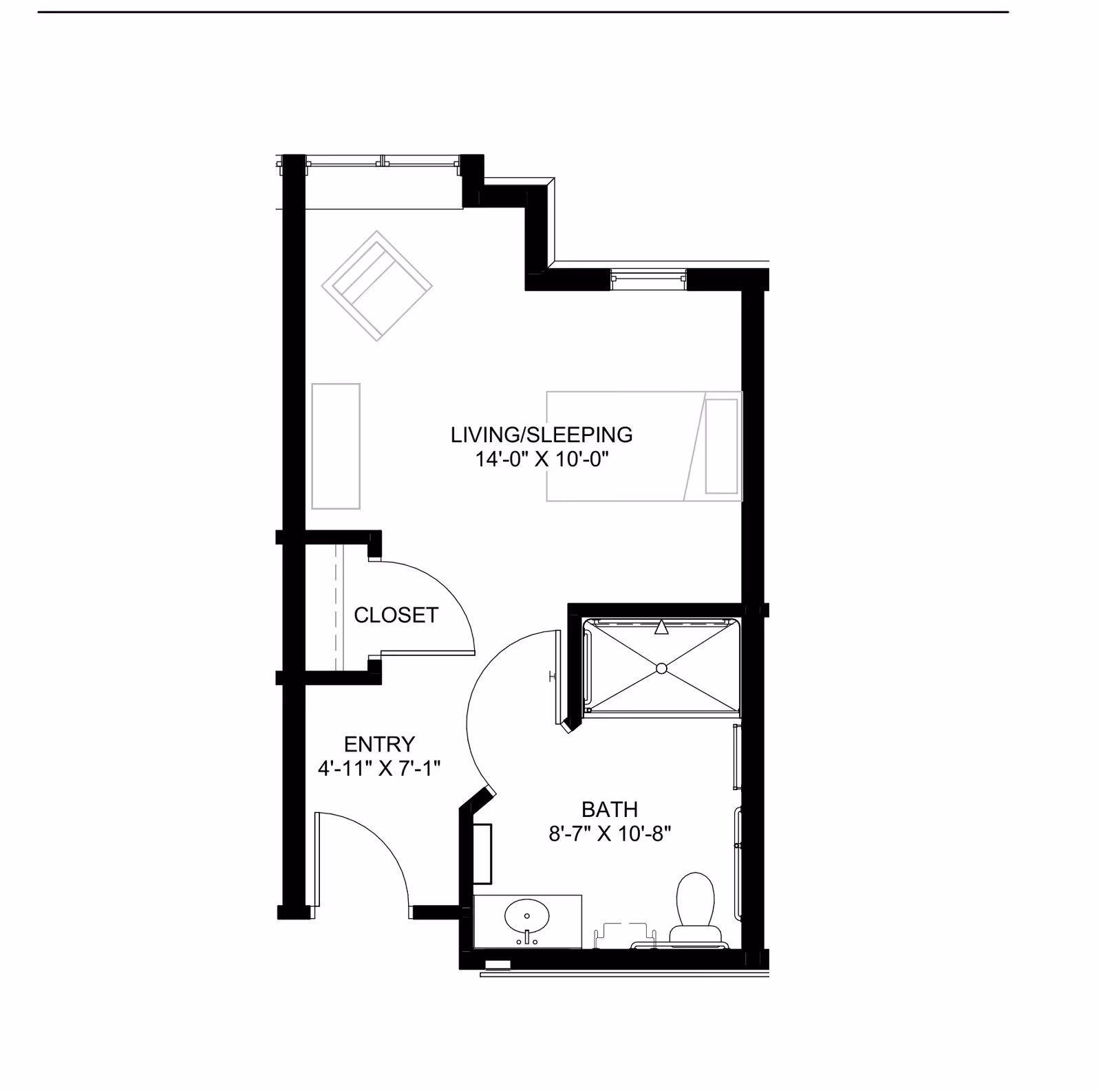 Black-and-white floor plan of a small studio showing a living/sleeping area, entry, closet, and bathroom with labeled dimensions.