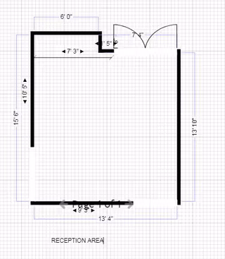 Grid-based floor plan showing a reception area with walls, a double-door entry and annotated room dimensions.