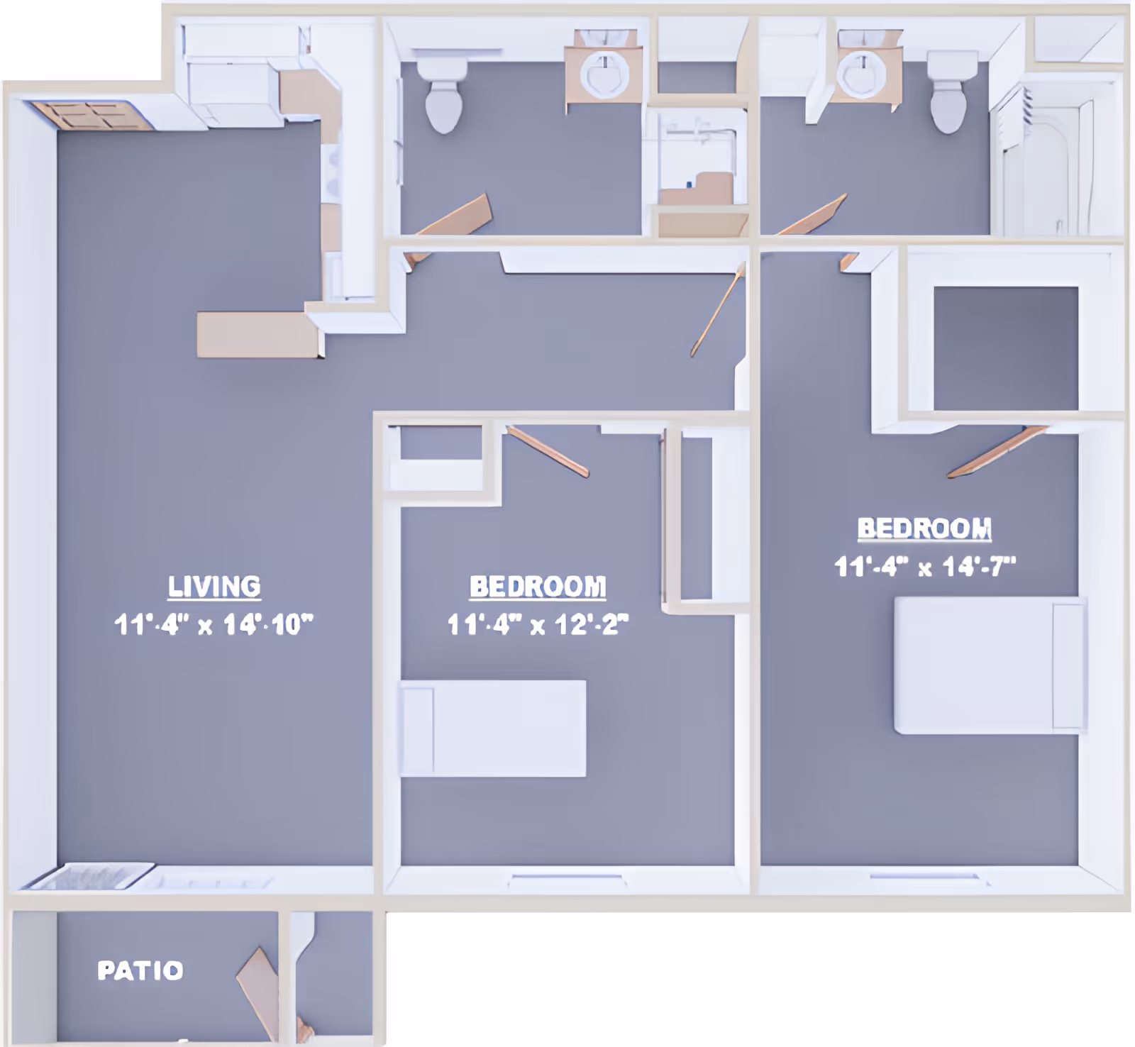 Top-down rendered floor plan of a two-bedroom apartment showing a living room, two bedrooms, bathrooms, kitchen area and a patio with room dimensions labeled.