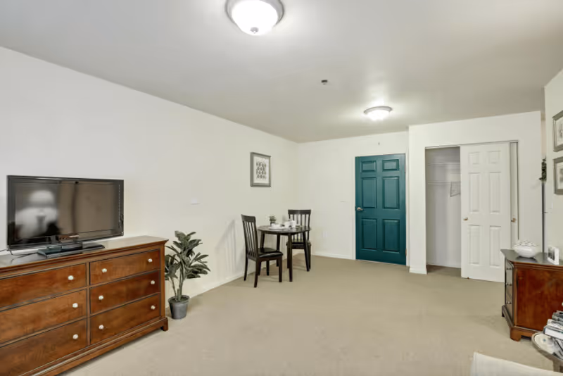 A simple living area with beige carpet and white walls. There is a wooden dresser with a flat-screen TV on top, a small round dining table with two chairs, a green door, and an open closet with sliding doors. The room is lit by ceiling lights and decorated with a framed picture and a potted plant.