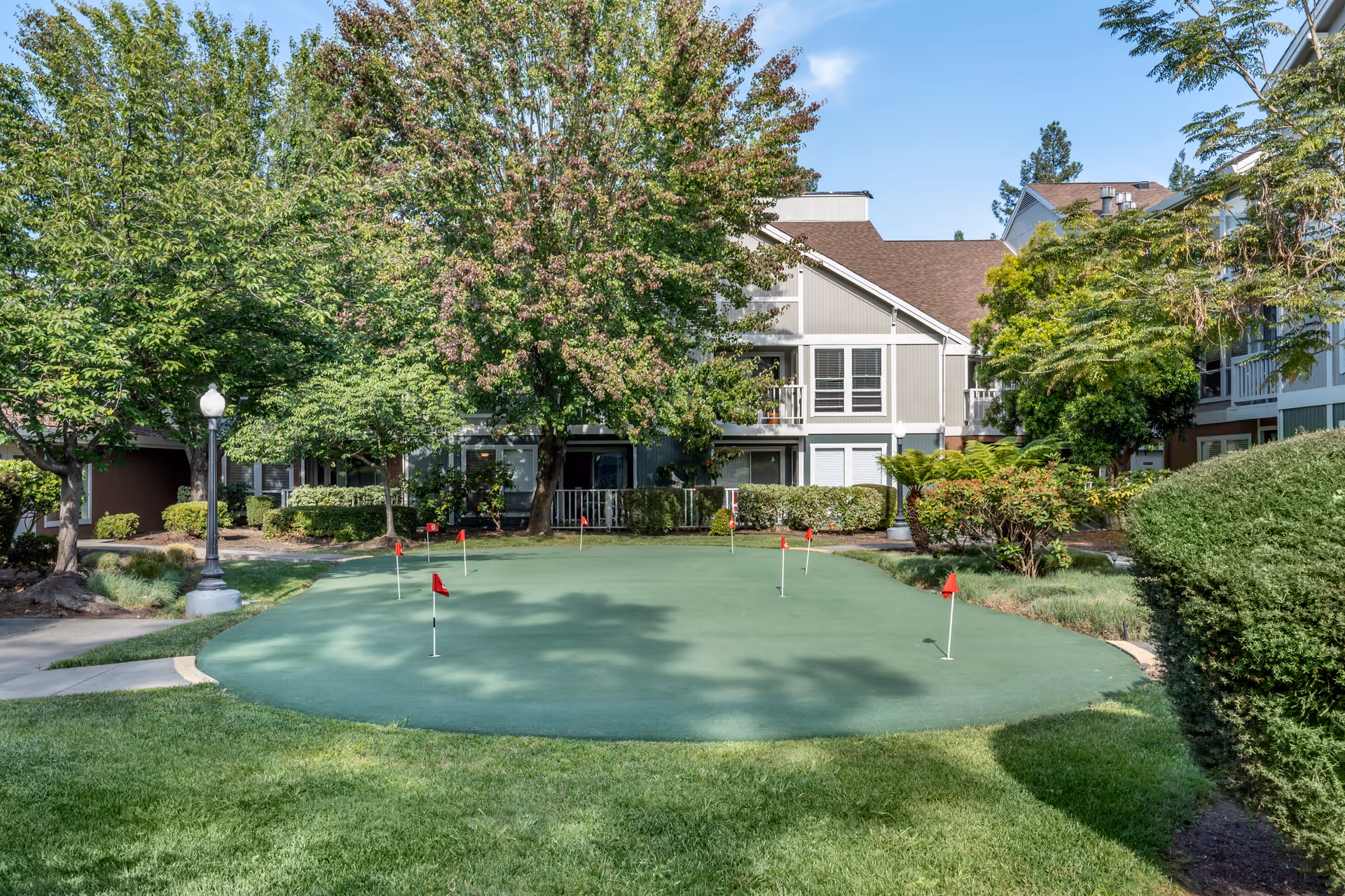 Outdoor putting green with several small red flags surrounded by well-maintained grass, trees, and shrubs in front of residential buildings under a clear blue sky.