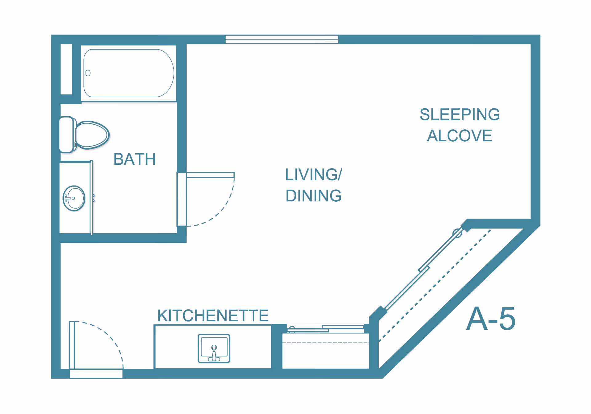 Architectural floor plan of a studio apartment layout labeled A-5, showing a bath with bathtub, toilet, and sink, a kitchenette with a sink, a living/dining area, and a sleeping alcove.