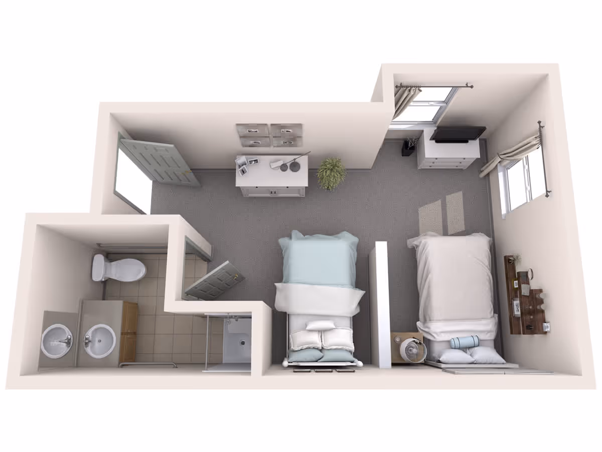 3D floor plan of a senior living unit at Orchard Pointe by Cogir featuring two single beds separated by a partial wall, a dresser with a TV, a small desk with a chair, and a bathroom with a toilet, double sinks, and a shower.