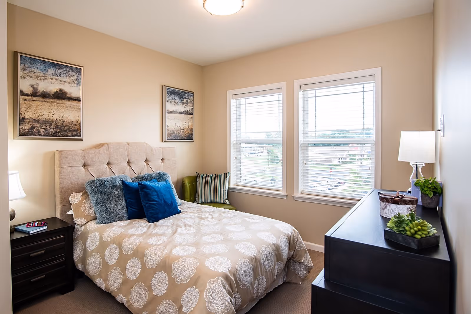 Bright furnished bedroom with a bed, decorative pillows, two windows, nightstand and dresser with a lamp and plants.