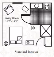 Floor plan of a standard interior unit at Heritage Court - Menomonee Falls showing a living room measuring 16 feet 7 inches by 14 feet 8 inches, with a bed, two chairs, a bathroom with a toilet, sink, and shower, and entry doors.