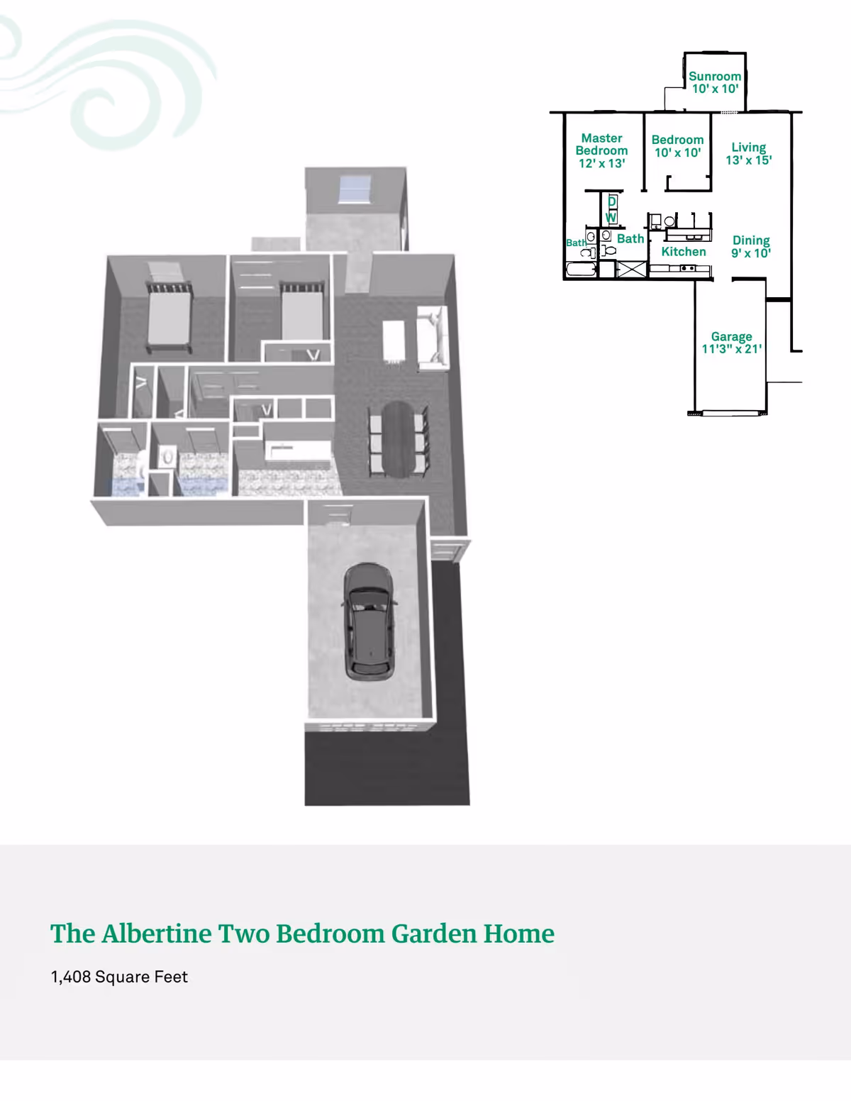 3D and 2D floor plan of The Albertine Two Bedroom Garden Home at Rosegate Commons, showing layout with two bedrooms, two bathrooms, kitchen, dining area, living room, sunroom, and garage. Dimensions for each room are labeled in the 2D plan.