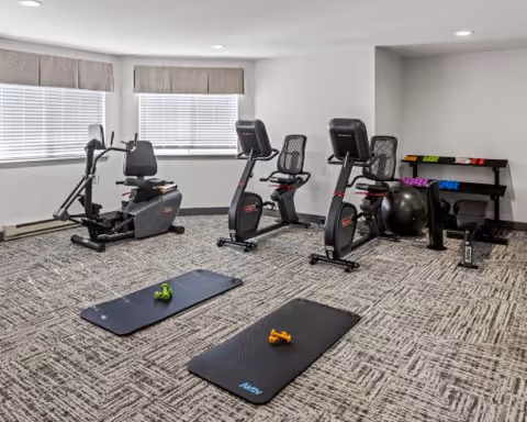 A senior fitness room with two recumbent exercise bikes, a rowing machine, two black exercise mats on a patterned carpet, small dumbbells on the mats, a rack with colorful dumbbells, and an exercise ball. The room has two windows with blinds and light-colored walls.