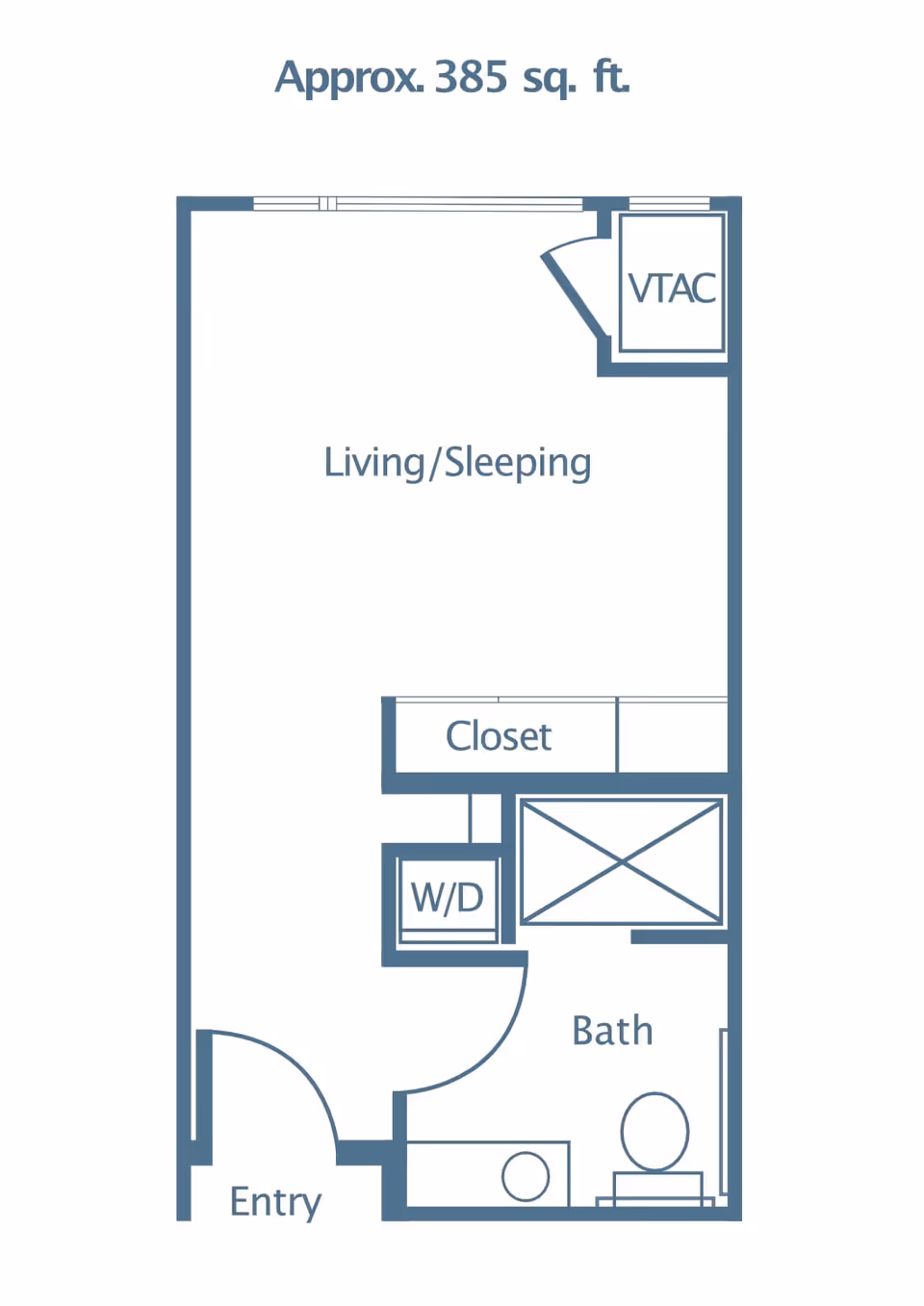 Floor plan of a studio apartment approximately 385 square feet, showing an entry leading to a combined living and sleeping area, a closet, a washer/dryer unit, a bathroom with a toilet and sink, and a VTAC unit.