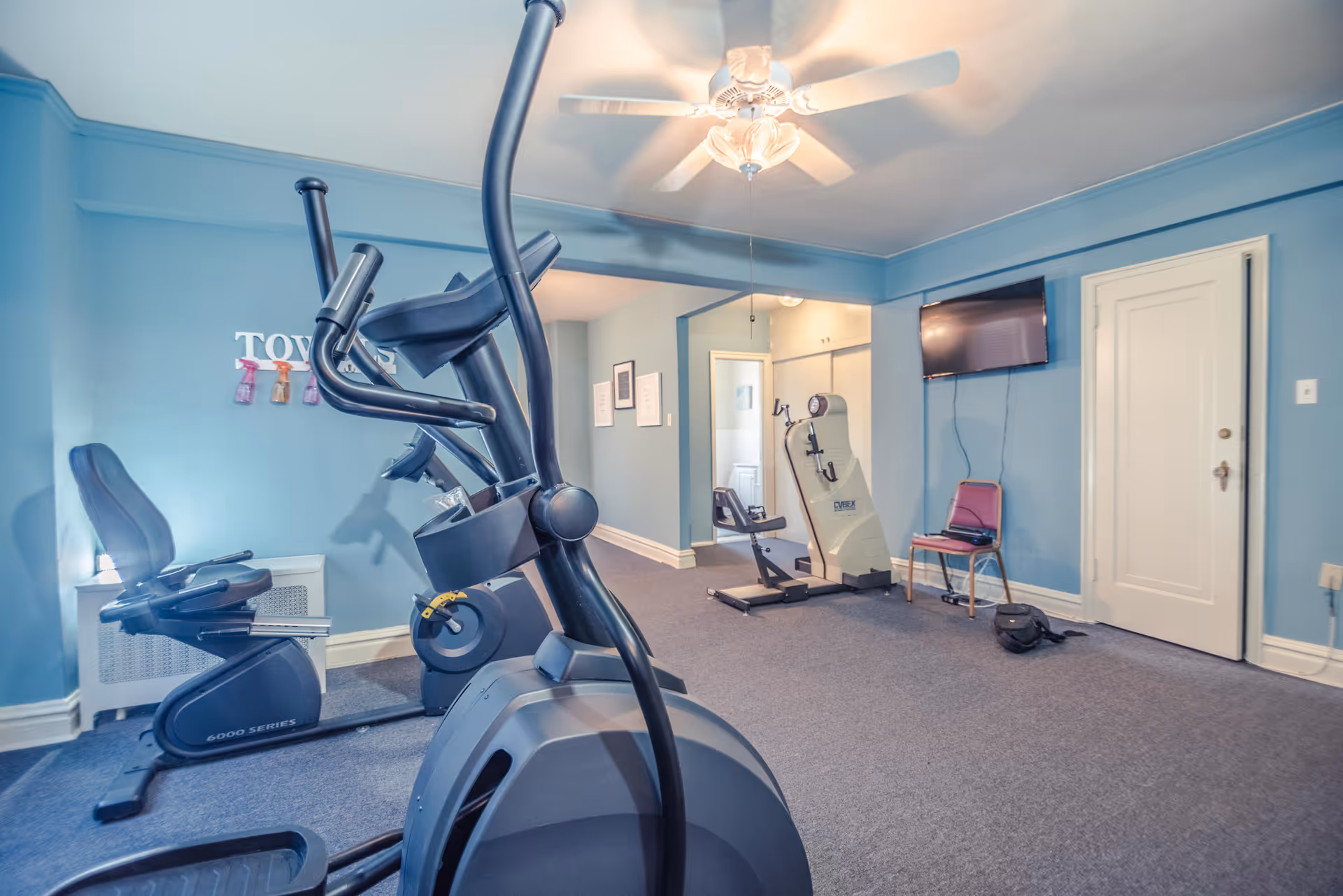 Indoor exercise room with blue walls and carpeted floor, featuring various fitness equipment including an elliptical machine, a recumbent bike, and a rowing machine. A ceiling fan with light is mounted above, and a flat-screen TV is mounted on the wall near a closed door. A chair and a backpack are placed against the wall.