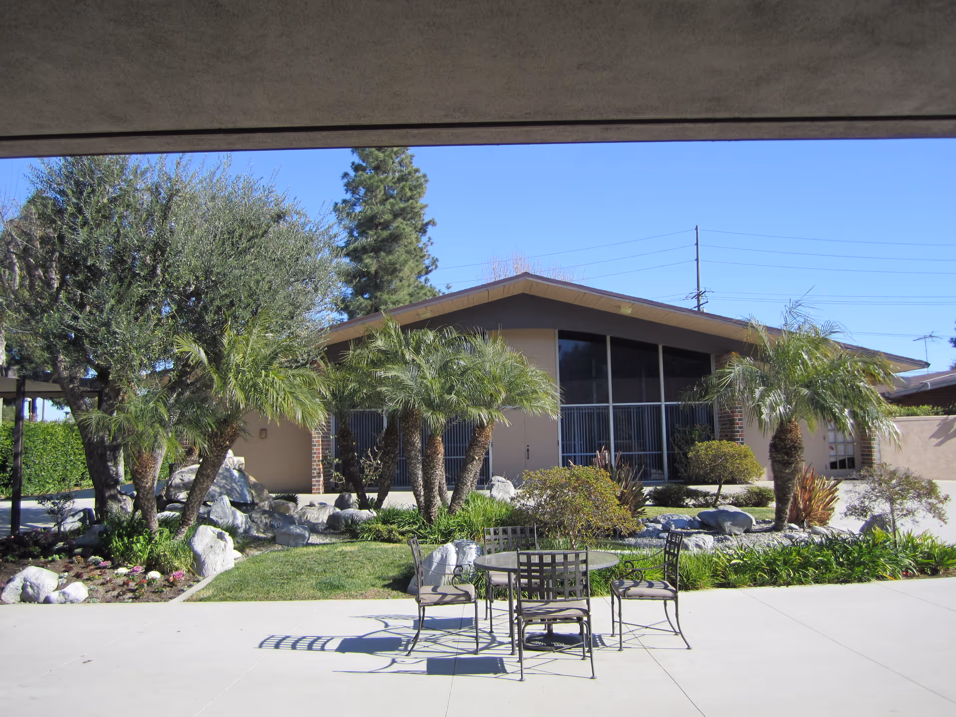 Outdoor patio area with a round metal table and four chairs on a concrete surface. Behind the patio is a landscaped garden with palm trees, bushes, rocks, and a building with large windows and a slanted roof under a clear blue sky.
