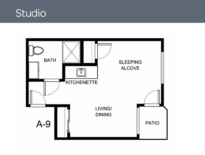 Architectural floor plan of a studio apartment at Helena Pointe Senior Independent Living. The layout includes a bath with a toilet and shower, a kitchenette with a sink, a sleeping alcove, a combined living and dining area, and a patio accessible from the living/dining space. The unit is labeled A-9.
