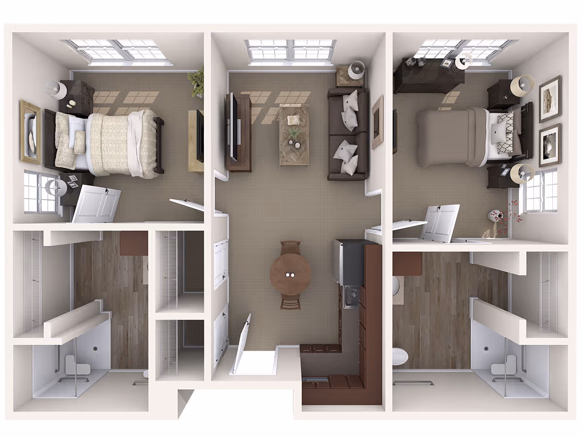 Top-down view of a two-bedroom apartment floor plan featuring two bedrooms with beds and nightstands, two bathrooms with showers, a central living room with a sofa, coffee table, and TV, and a kitchen area with cabinets and appliances.
