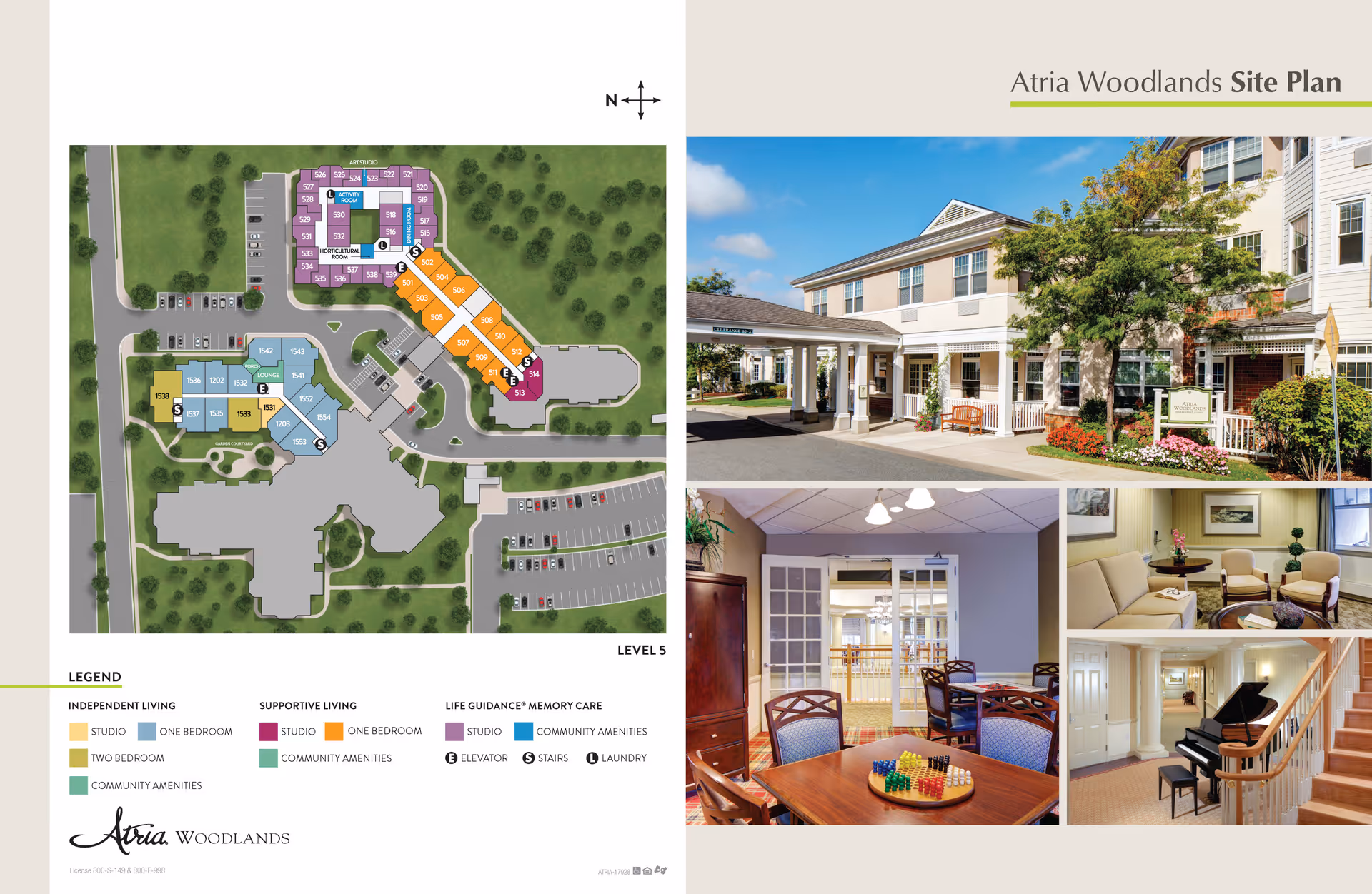 Atria Woodlands site plan showing a color-coded layout of independent living, supportive living, and memory care areas, along with community amenities. The right side features four photos: the building's front exterior with a covered entrance and landscaping, a dining area with a table and chairs, a cozy living room with seating and artwork, and a hallway with a grand piano and staircase.