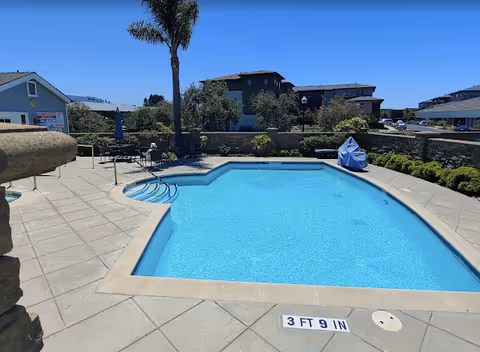 Outdoor swimming pool with clear blue water surrounded by a concrete deck. There are a few lounge chairs and umbrellas around the pool, a tall palm tree, and buildings in the background under a clear blue sky.