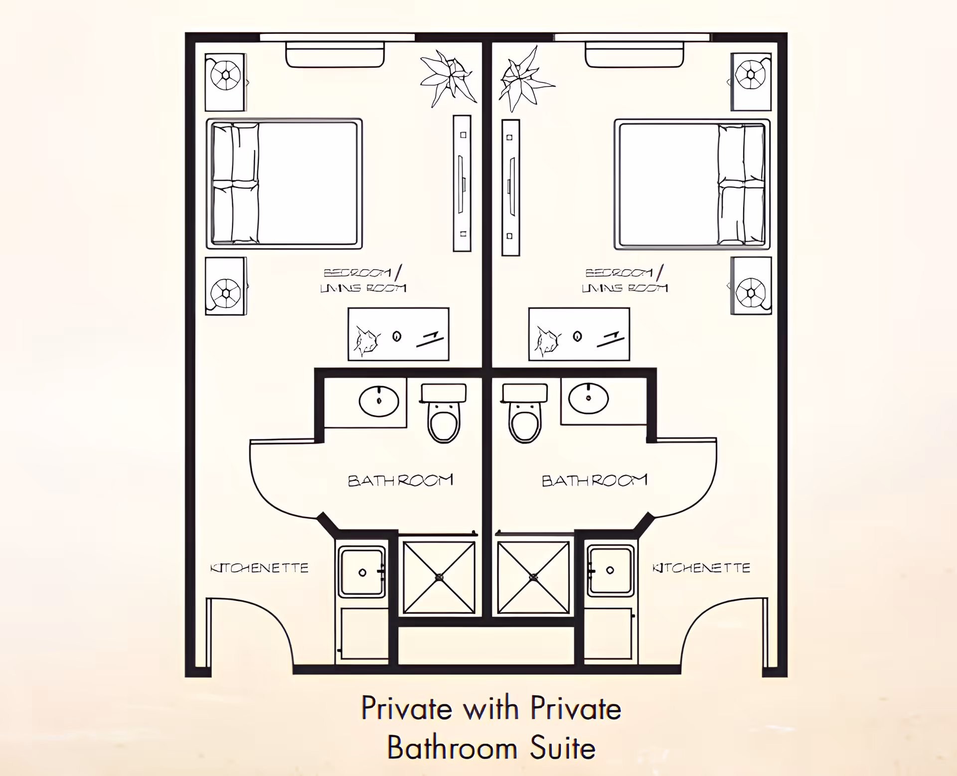Black-and-white floor plan showing two mirrored private bedroom/living suites, each with a kitchenette and private bathroom.