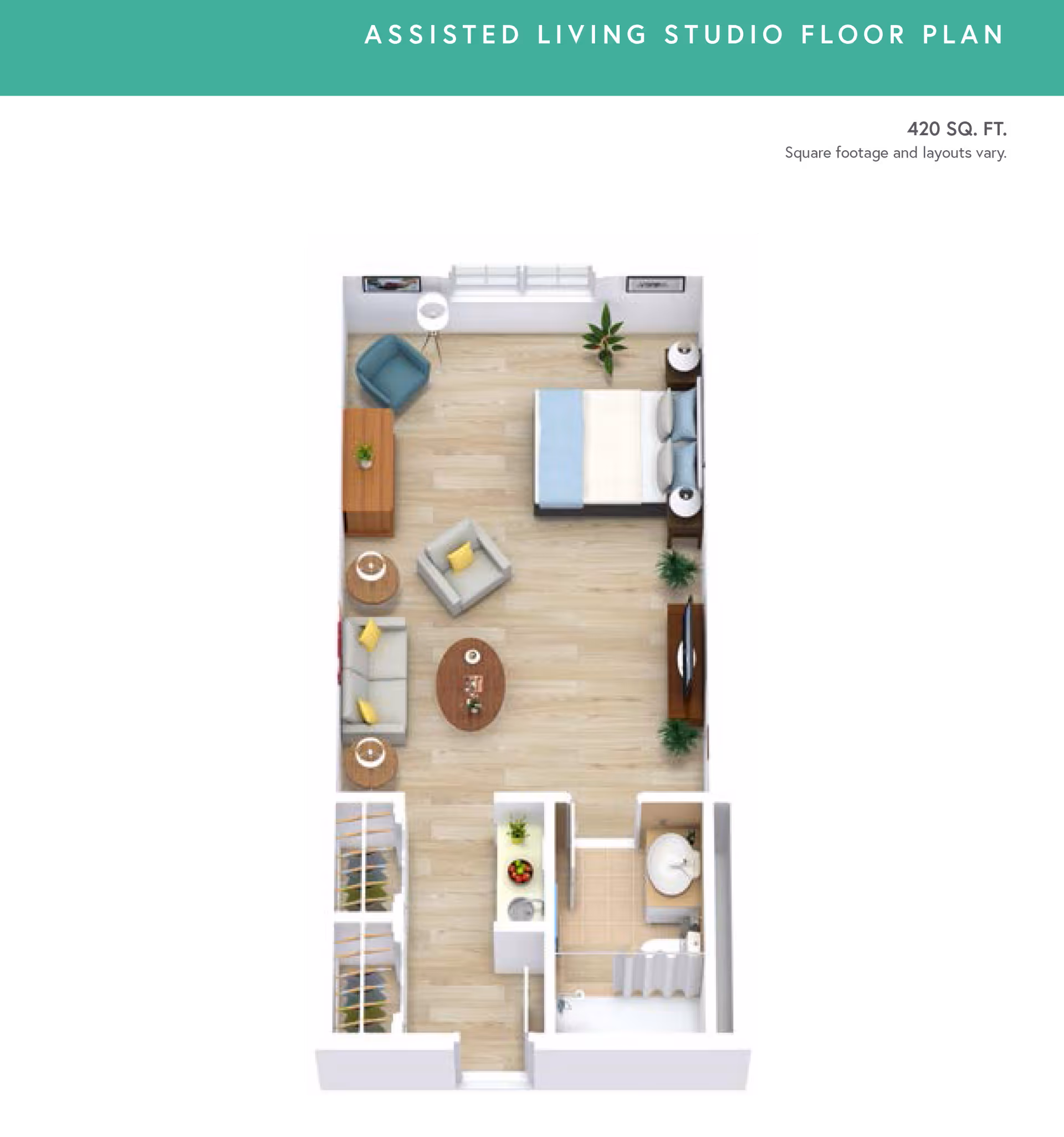 Top-down view of a studio floor plan featuring a living area with a sofa, coffee table, and television, alongside a bedroom area with a bed, and a bathroom with a shower.