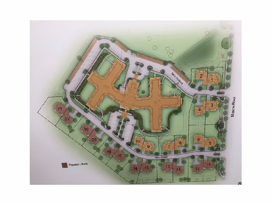 Colored site plan drawing of Mission Chateau Senior Living showing a central multi-wing building, surrounding numbered cottage units, roads, parking and landscaping.
