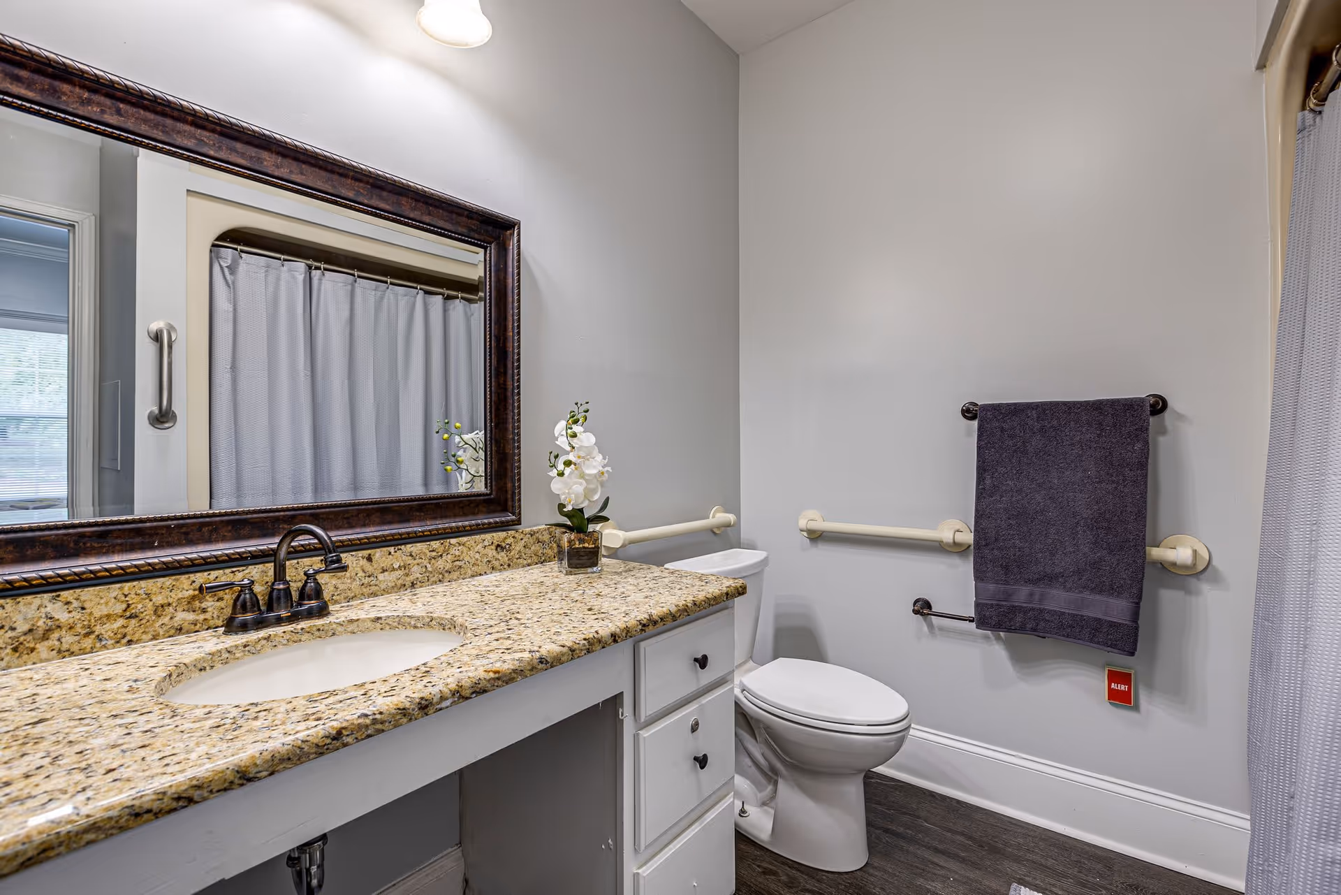 A clean and accessible bathroom with a granite countertop sink, a large framed mirror, a toilet with grab bars on the walls, a dark towel hanging on a towel rack, and a shower with a curtain. There is also a small potted white orchid on the countertop and an alert button on the wall near the toilet.