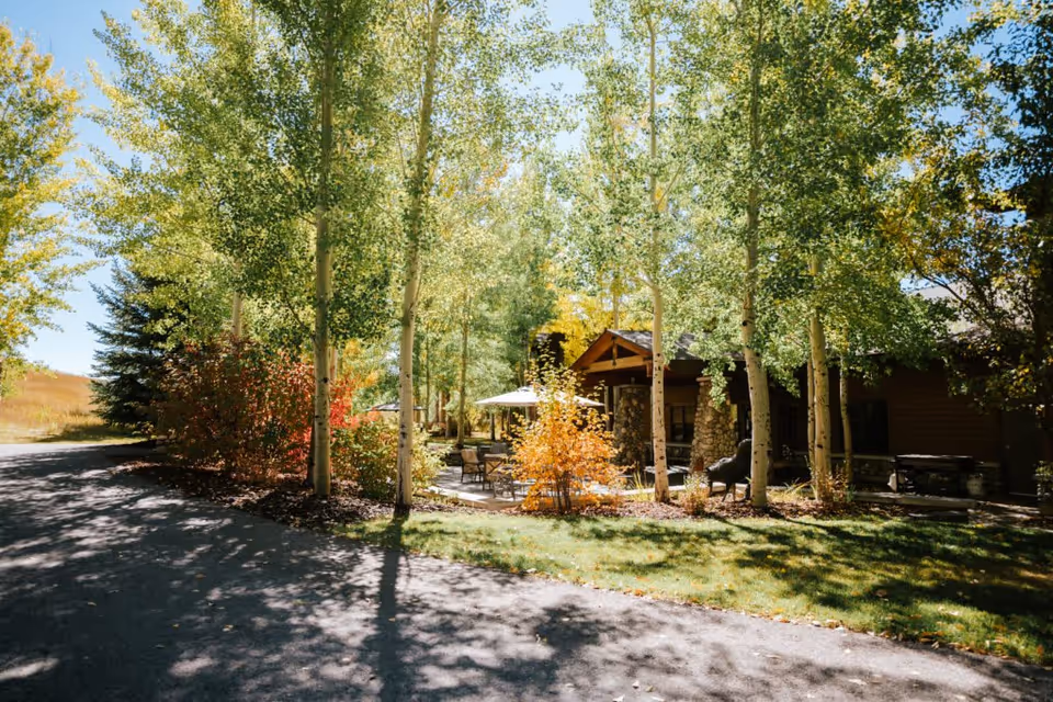 A peaceful outdoor scene at Legacy Lodge at Jackson Hole featuring a paved pathway surrounded by tall trees with green and yellow leaves. There is a patio area with outdoor furniture and umbrellas next to a rustic building with stone and wood exterior. The sunlight filters through the trees, casting shadows on the ground.