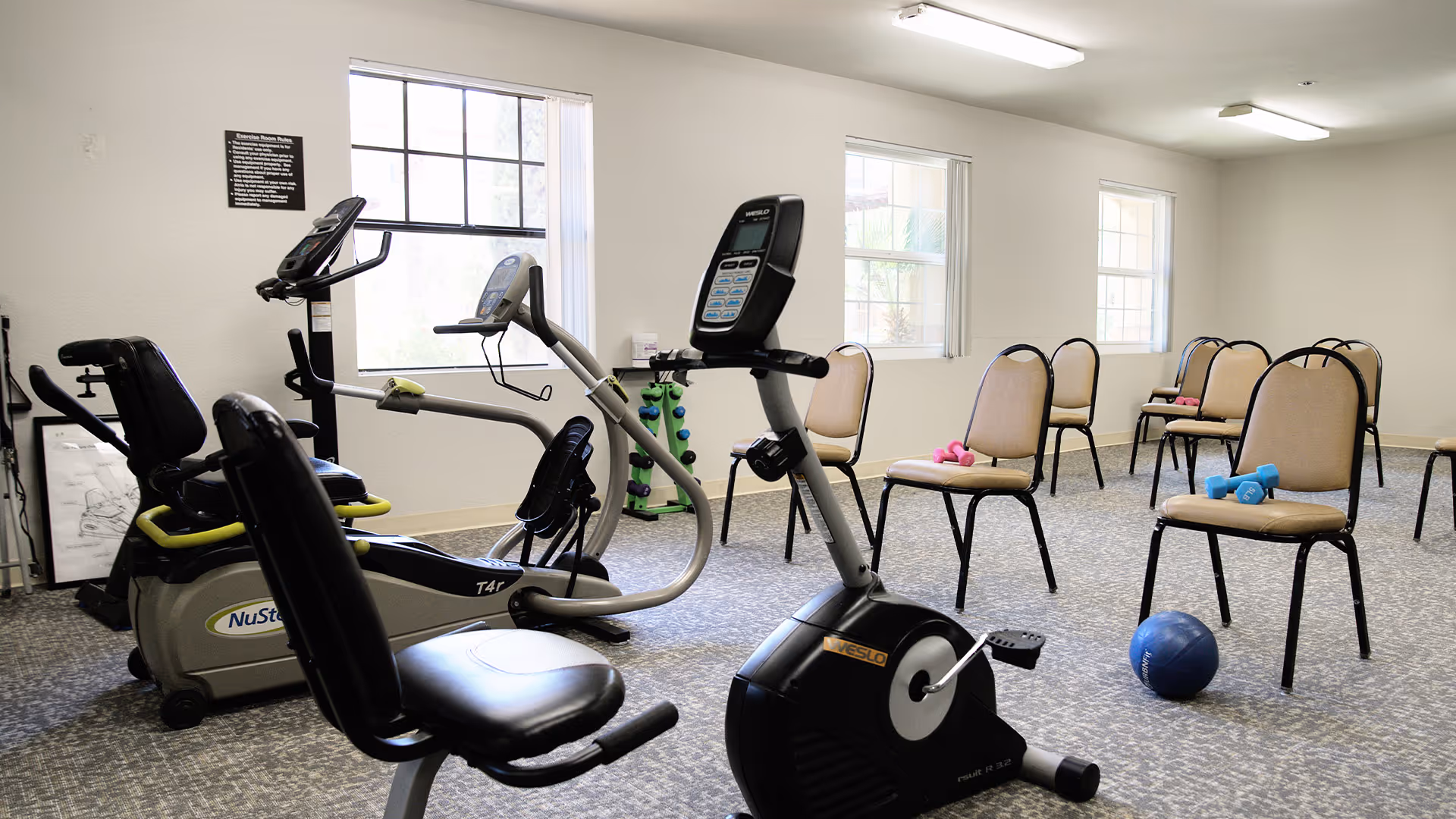 A fitness room with exercise equipment including stationary bikes and chairs arranged with small dumbbells and an exercise ball on the floor. The room has carpeted flooring and three windows letting in natural light.