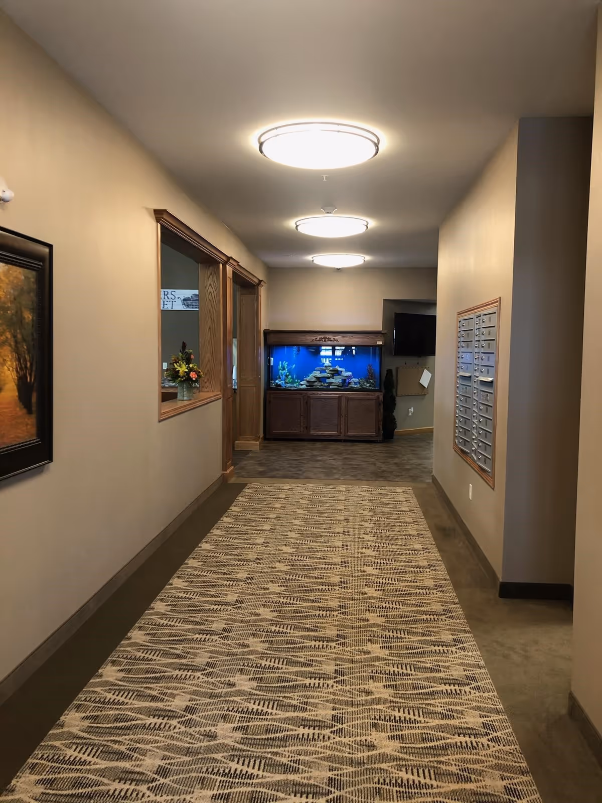 A well-lit hallway with beige walls and a patterned carpet runner. On the left wall, there is a framed painting and a window opening into another room with a flower arrangement. At the end of the hallway, there is a large fish tank with a wooden cabinet base. On the right wall, there are multiple mailboxes and a mounted television screen further down.