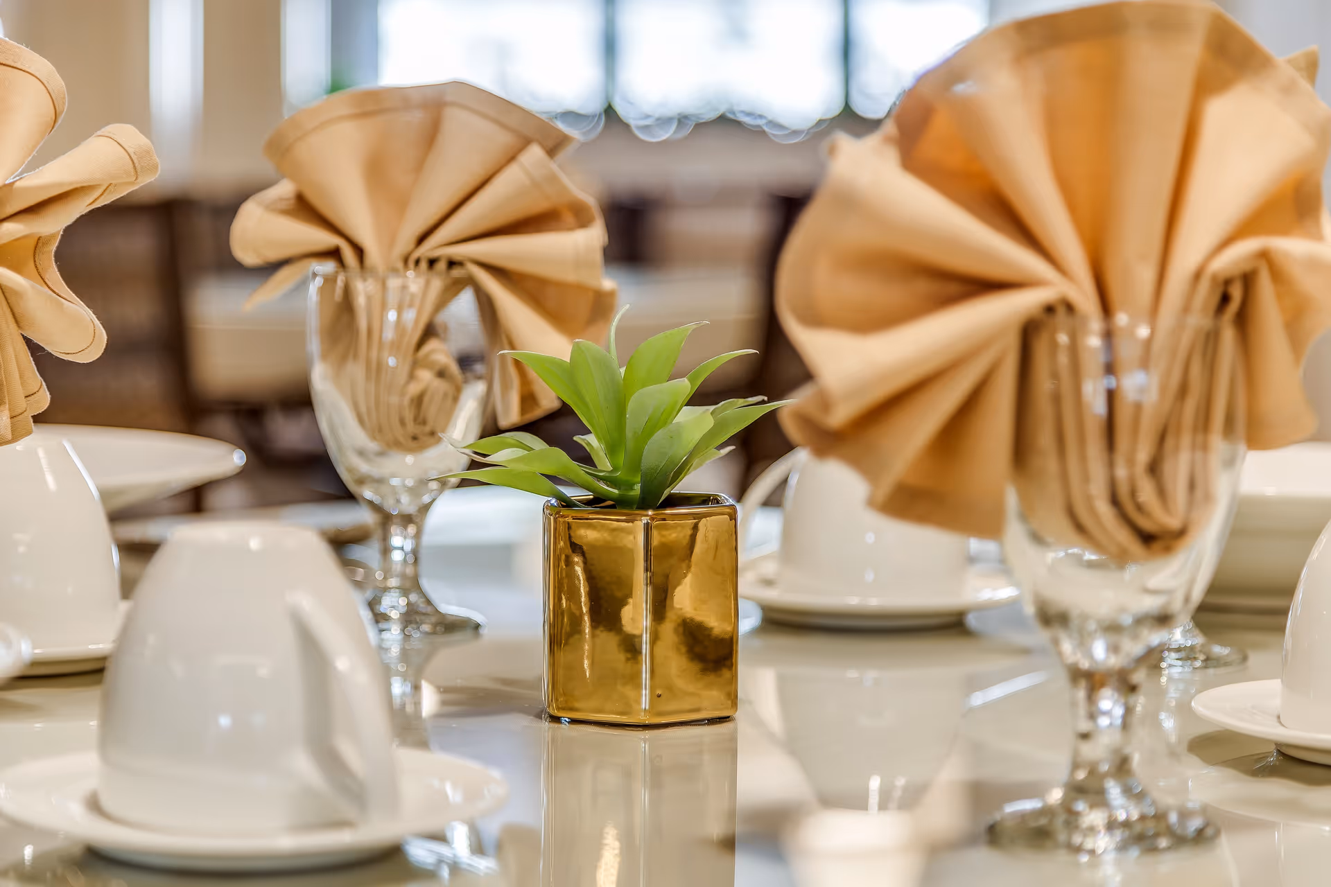 Close-up view of a dining table set with white cups and saucers, clear glasses with beige napkins folded inside, and a small green plant in a gold square pot as a centerpiece.