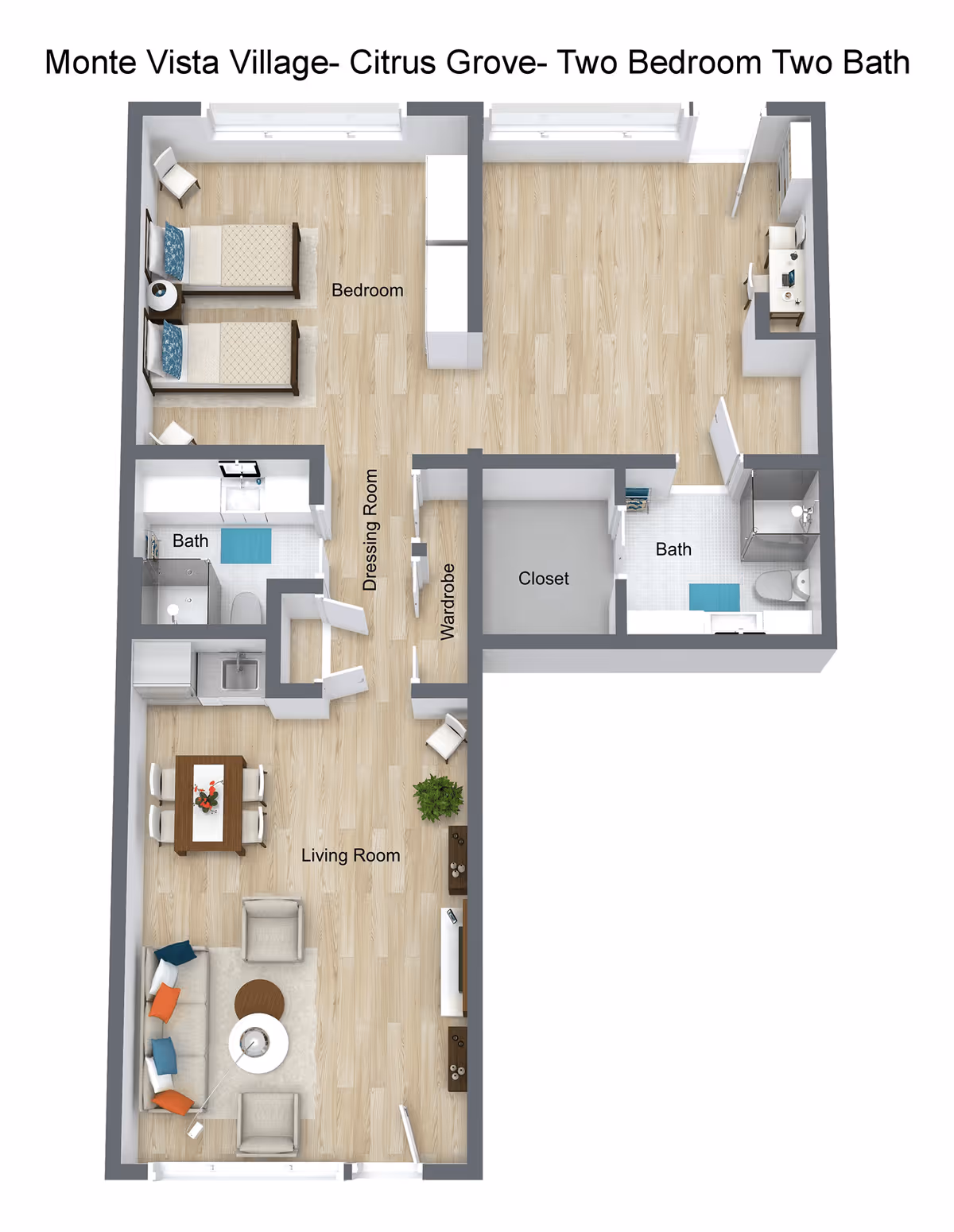 3D floor plan of Monte Vista Village Citrus Grove two-bedroom, two-bath apartment featuring a living room with sofa, chairs, and dining table, two bedrooms with beds and chairs, two bathrooms, a dressing room, wardrobe, closet, and kitchen area.