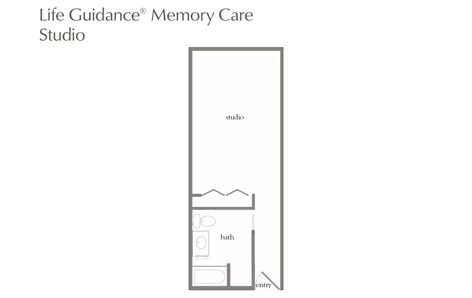 Floor plan layout of a Life Guidance Memory Care Studio at Atria Woodbriar Place, showing a studio area, a bathroom with a toilet, sink, and bathtub, and an entryway.