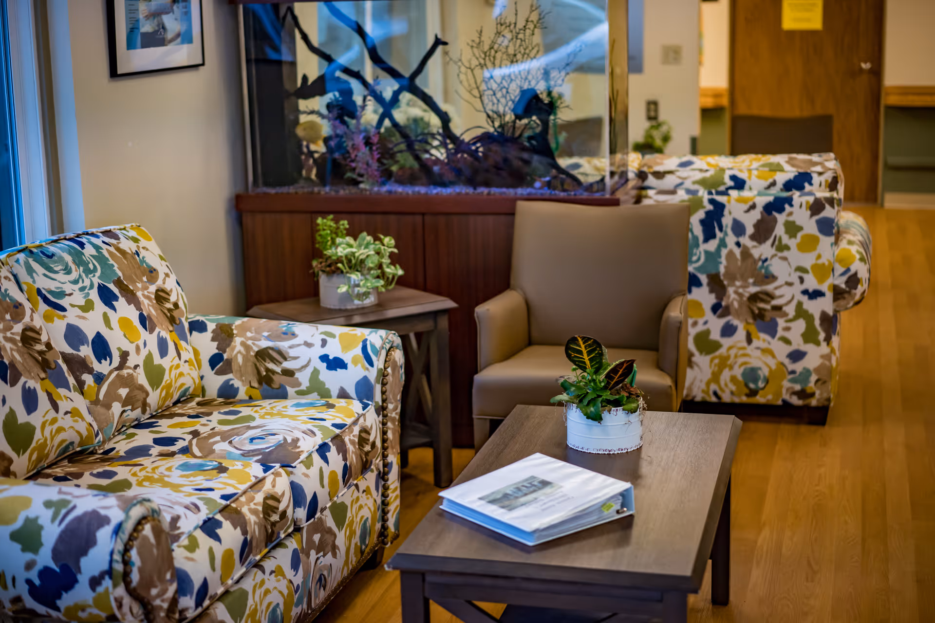 A cozy seating area with two floral patterned armchairs and one plain beige armchair around a wooden coffee table with a small potted plant and a binder on it. Behind the chairs is a large aquarium with decorative plants inside. The room has wooden flooring and a framed picture on the wall.