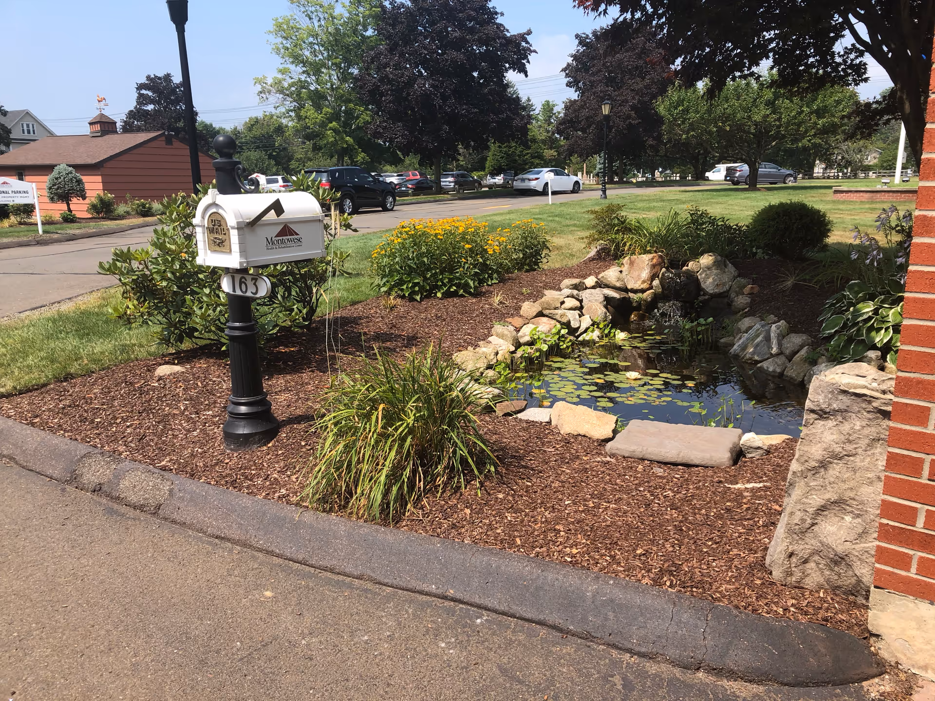 Outdoor landscaped area with a white mailbox on a black post labeled Montowese Center for Health & Rehabilitation, surrounded by mulch, plants, yellow flowers, a small pond with rocks and lily pads, and a brick building corner visible on the right. Several cars and trees are in the background under a clear sky.
