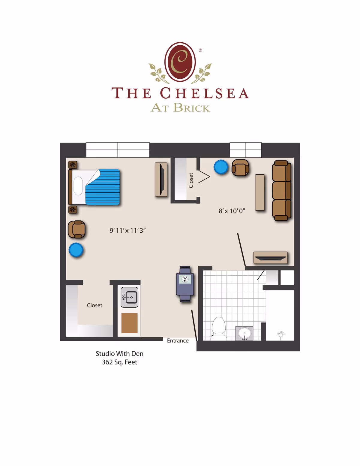 Floor plan of a studio with den apartment at The Chelsea at Brick, showing a bedroom area with a bed and chair, a living area with sofa and chairs, a kitchen sink area, a bathroom with toilet and sink, two closets, and an entrance. The total area is 362 square feet.