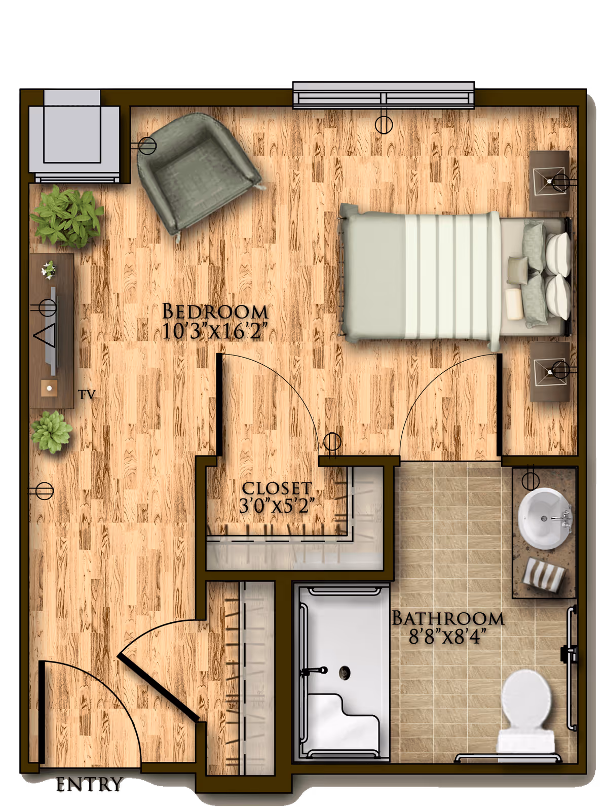 Floor plan of a senior living unit at Harmony at Greensboro showing a bedroom with a bed, two nightstands, a chair, a TV on a stand, a closet, and an adjacent bathroom with a bathtub, toilet, and sink.
