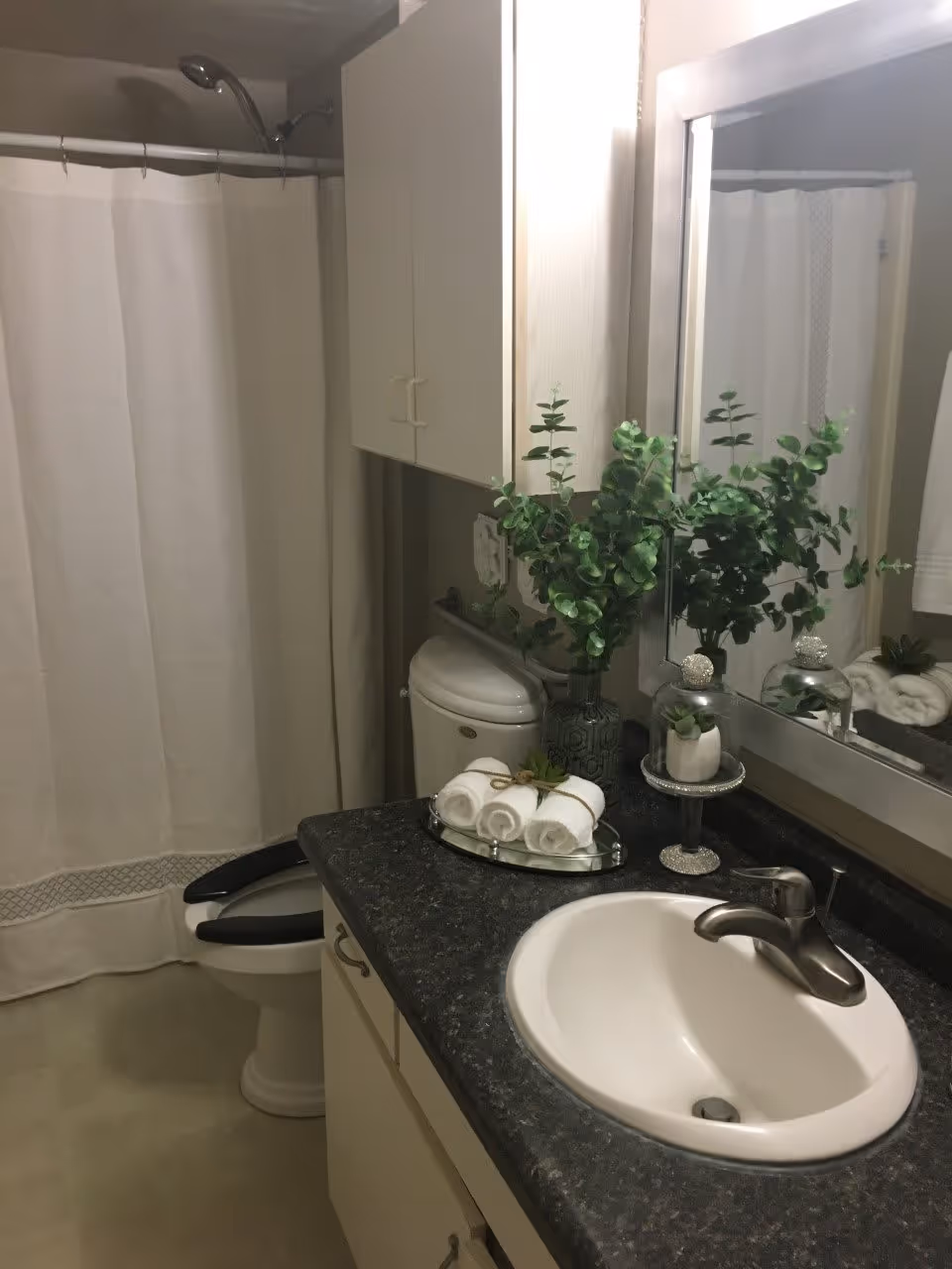 A clean bathroom featuring a white sink with a silver faucet set in a dark countertop. Above the sink is a large mirror. To the right of the sink, there is a decorative arrangement of green leafy plants and rolled white towels on a tray. In the background, a white toilet is partially visible next to a white cabinet mounted on the wall. A white shower curtain hangs from a rod above the bathtub.