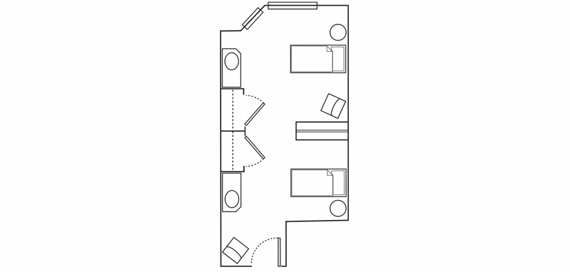 Simple black-and-white floor plan showing a rectangular shared room with two single beds, bedside tables, a central bench, two sink/vanity areas, and an entrance.