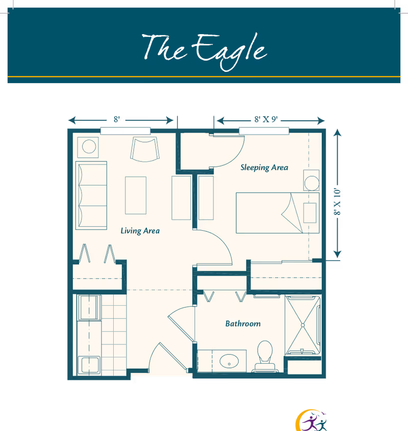 Floor plan titled 'The Eagle' showing a layout with a living area, sleeping area, bathroom, and kitchen. The living area includes a sofa, chair, and coffee table. The sleeping area has a bed and nightstand. The bathroom contains a sink, toilet, and shower. The kitchen area has a sink and counter space. Dimensions are marked for the sleeping area and living area.