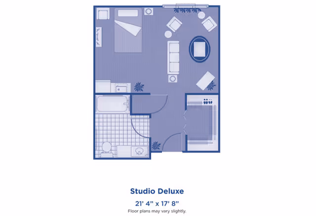 Floor plan of a Studio Deluxe apartment showing a combined living and sleeping area with a bed, sofa, chairs, table, and plants. The layout includes a bathroom with a bathtub, toilet, and sink, and a closet near the entrance.
