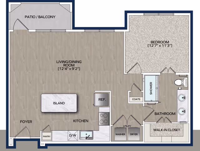 Floor plan of a senior living apartment at Watermere at Flower Mound showing a patio/balcony, living/dining room, kitchen with island, pantry, dishwasher, refrigerator, utility area with washer and dryer, bedroom with walk-in closet, bathroom with shower, and coat closet near the entrance.