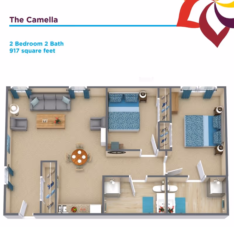Floor plan of The Camella apartment at AVIVA Maybelle Carter showing a 2 bedroom, 2 bath layout with 917 square feet. The layout includes a living room with sofa and chairs, a dining area with a round table and four chairs, a kitchen with appliances and counter space, two bedrooms each with a bed and nightstands, and two bathrooms with sinks and toilets.